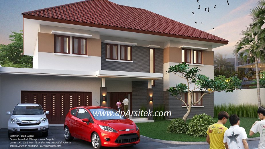 Gambar 3D [2] Tampak Depan Desain Rumah Klasik Minimalis 2 Lantai di Pancoran DKI Jakarta